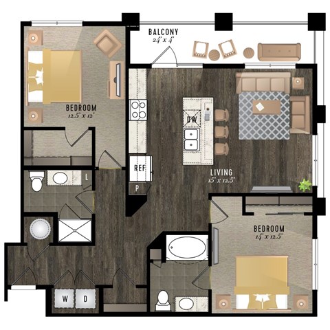 Floor plan for 2 beds, 2 baths, 1123 sqft